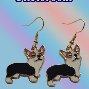 Corgi Dog Enamel Drop Earrings – Black & White